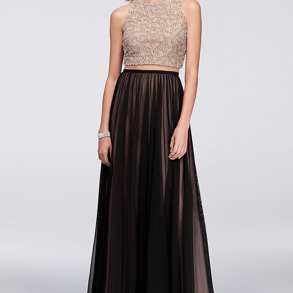 Beaded bodice mesh dress w/ illusion inset